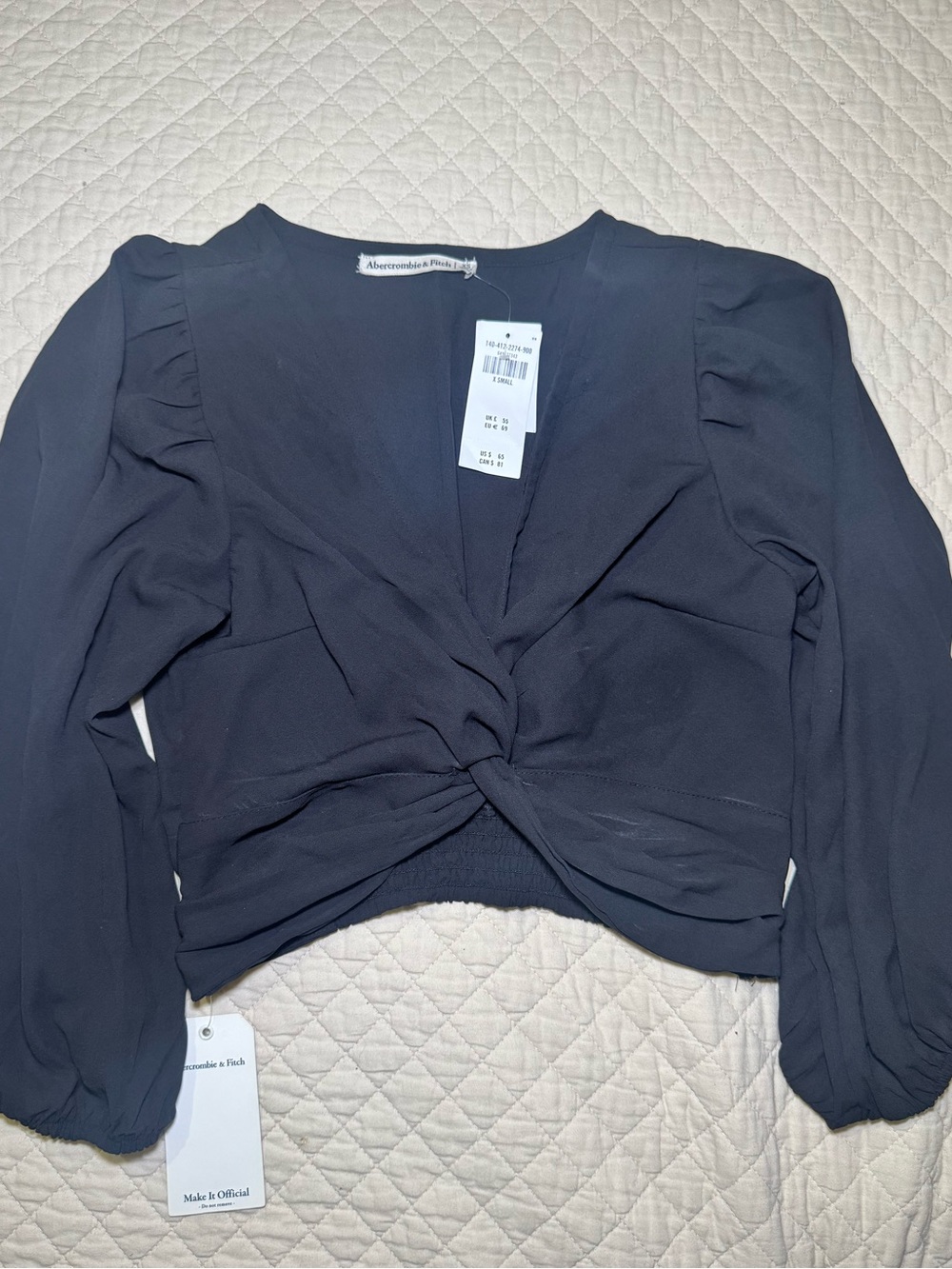 Abercrombie & Fitch Black Twist-Front Puff-Sleeve Crop Top